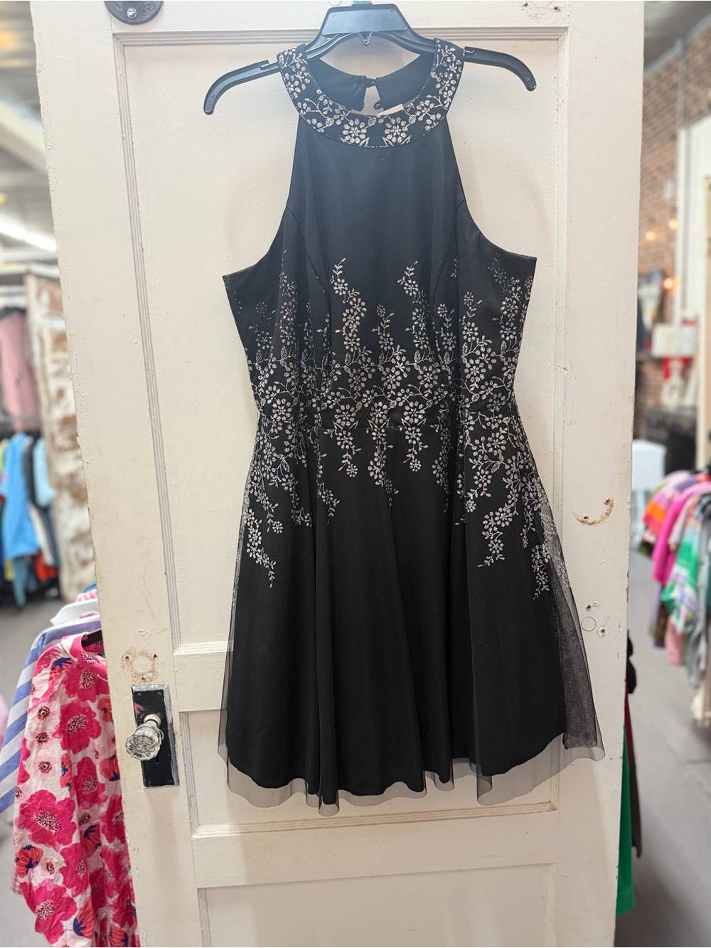 Teeze Me Black Halter Cocktail Dress with Silver Embroidery